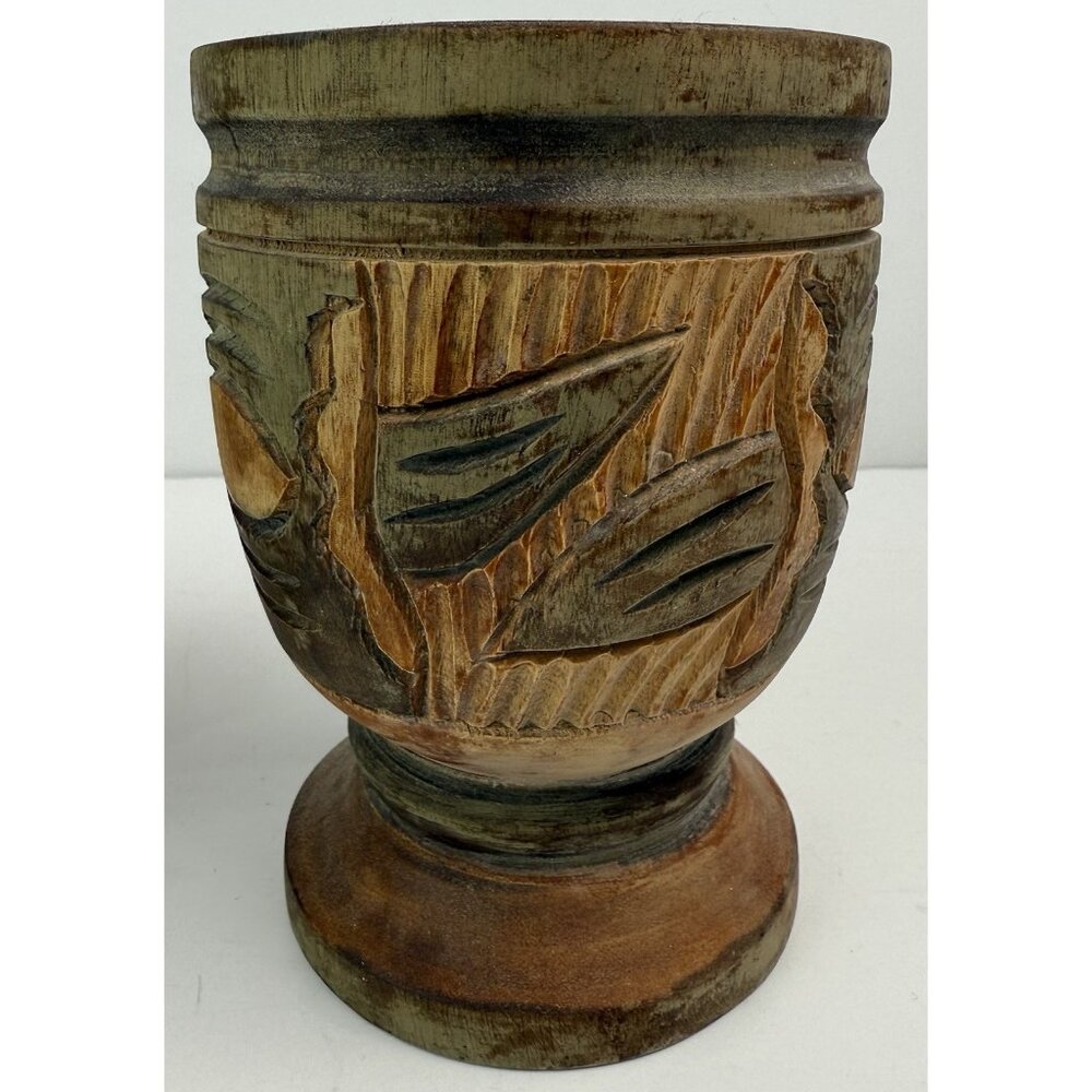 Vintage Wooden Hand Carved Pedestal Mortar/Cup/Vase Set‎ Of 2 Rustic - Picture 6 of 8